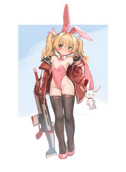 1girl alternate_costume animal_ears assault_rifle bag bare_shoulders black_thighhighs blonde_hair blue_archive blush border bow bow_legwear bowtie breasts brown_eyes closed_mouth collarbone covered_navel detached_collar duffel_bag embarrassed fake_animal_ears fn_scar full_body groin gun hair_between_eyes hair_ribbon high_heels highres holding holding_gun holding_weapon jacket leotard long_sleeves looking_away medium_hair nemo_(leafnight) off_shoulder open_clothes open_jacket pink_bag pink_bow pink_footwear pink_leotard pink_ribbon playboy_bunny rabbit rabbit_ears red_jacket ribbon rifle sidelocks sleeves_past_wrists small_breasts solo standing stuffed_animal stuffed_rabbit stuffed_toy thighhighs thighs twintails weapon white_border yoshimi_(blue_archive) rating:Sensitive score:58 user:danbooru
