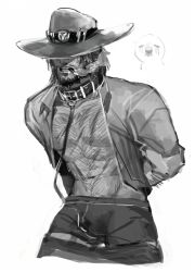 1boy body_hair cassidy_(overwatch) collar francishsie highres leash male_focus monochrome muscular overwatch overwatch_1 restrained solo rating:Questionable score:7 user:harucho