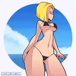  1girl android_18 animated animated_gif ass bikini black_bikini blonde_hair blue_eyes blue_sky bouncing_breasts breasts butt_crack cloud cowboy_shot dimples_of_venus dragon_ball dragonball_z from_behind looking_at_viewer looking_back moikaloop navel short_hair sky solo spanked spanking standing swimsuit underboob water watermark web_address  rating:Questionable score:196 user:RPG!