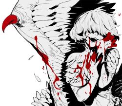  1girl 88_(h_rock_88) blood blood_from_mouth blood_on_face blood_on_hands bloody_wings commentary_request covered_eyes dungeon_meshi falin_touden falin_touden_(chimera) falling_feathers fangs feathered_wings feathers hair_over_eyes hand_on_own_cheek hand_on_own_face korean_commentary long_bangs monochrome monster_girl open_mouth short_hair simple_background smile solo spoilers spot_color upper_body wings 