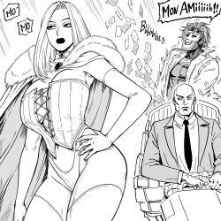 1girl 2boys absurdres bald bb_(baalbuddy) black_sclera breasts cape card charles_xavier choker collared_shirt colored_sclera commentary coomer_(meme) corset elbow_gloves emma_frost english_commentary english_text formal fur-trimmed_cape fur_trim gambit gloves greyscale hand_on_own_hip highres implied_orgasm jacket large_breasts lips long_hair marvel meme monochrome multiple_boys necktie playing_card revealing_clothes sexually_suggestive shirt simple_background speech_bubble suit suit_jacket thighhighs variant_set white_background x-men 