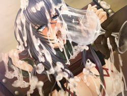 1girl ahegao asagiri black_hair blue_eyes breasts bridal_gauntlets bukkake cleavage cum cum_in_container cum_in_cup cum_in_mouth cum_in_nose cum_on_body cum_on_breasts cum_on_clothes cum_on_hair cum_on_upper_body cup drinking_glass facial fucked_silly game_cg gloves gokkun holding holding_cup humiliation lilith-soft long_hair minerva_augusta onna_kentoushi_minerva_monster_colosseum pillory slave tears wine_glass rating:Explicit score:80 user:jojosstand
