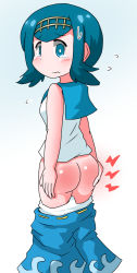  1girl alternate_color ass bare_arms bare_shoulders blue_eyes blue_hair closed_mouth clothes_pull creatures_(company) crying female_focus from_behind game_freak gradient_background hairband keyneq lana_(pokemon) loli looking_at_viewer looking_back nintendo panties pants pants_pull panty_pull pokemon pokemon_(anime) pokemon_sm pokemon_sm_(anime) shiny_skin shirt solo standing sweat underwear wavy_mouth white_panties white_shirt 