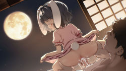  1boy 1girl animal_ears anus ass black_hair blvefo9 censored clothes_lift commentary cum cum_in_pussy dress dress_lift dutch_angle english_commentary faceless faceless_male floppy_ears from_behind full_moon girl_on_top hetero inaba_tewi loli looking_back moon no_panties nude penis pink_dress profile psd_available puffy_short_sleeves puffy_sleeves pussy rabbit_ears rabbit_girl rabbit_tail red_eyes reverse_cowgirl_position ribbon-trimmed_dress sex sex_from_behind short_hair short_sleeves shouji sliding_doors spread_legs straddling tail touhou vaginal wavy_hair  rating:Explicit score:644 user:danbooru