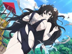  1girl :o april_fools black_eyes black_hair breasts cleavage cloud cloudy_sky day dress flower forest fubuki_(senran_kagura) growth hair_flower hair_ornament jungle_gym large_breasts light_blush lily_(flower) long_hair nature navel non-web_source official_art open_mouth pale_skin panties pantyshot playground senran_kagura senran_kagura_new_link sky solo sunlight surprised sweatdrop torn_clothes tree twintails underwear wavy_hair white_flower white_lily white_panties  rating:Sensitive score:19 user:danbooru
