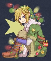  1boy blonde_hair blue_eyes boots christmas earrings gift green_shirt hat jewelry kuhaha lights link male_focus nintendo pointy_ears shirt simple_background smile solo star_(symbol) tagme the_legend_of_zelda the_legend_of_zelda:_skyward_sword  rating:Sensitive score:7 user:re9