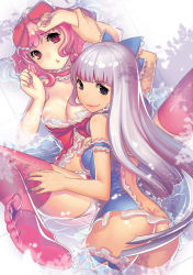  2girls :&lt; ass babydoll bare_shoulders blue_eyes blush bow breasts butt_crack choker cleavage fiodo game_console hair_bow handheld_game_console large_breasts lips long_hair looking_at_viewer looking_back multiple_girls nail_polish nintendo_3ds open_mouth original panties personification pink_eyes pink_hair pink_legwear short_hair silver_hair smile snow spread_legs thighhighs underwear water wavy_hair wet wii  rating:Questionable score:39 user:danbooru