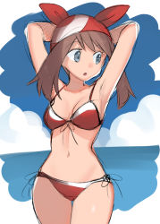  1girl armpits arms_behind_head arms_up bad_id bad_pixiv_id beach bikini blue_eyes breasts brown_hair creatures_(company) game_freak highres may_(pokemon) medium_breasts navel nintendo open_mouth pokemon pokemon_rse solo standing swimsuit wide_hips yuihico  rating:Sensitive score:42 user:precita