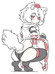  1girl animal_ears artist_request detached_sleeves fingerless_gloves gloves hat highres inubashiri_momiji looking_at_viewer red_eyes tail thighhighs tiptoes touhou underwear white_background white_hair wolf_ears wolf_girl wolf_tail  rating:Sensitive score:19 user:Henyt