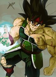  1boy armor bardock black_armor black_footwear black_hair black_pants blood blood_on_face boots broken_armor collarbone commentary_request dragon_ball dragonball_z facial_scar green_armor grey_background grin headband injury lowres male_focus muscular muscular_male nipples pants pectorals red_headband red_wristband reeya saiyan_armor scar scar_on_cheek scar_on_face simple_background smile spiked_hair tail_around_waist torn_clothes torn_pants v-shaped_eyebrows 