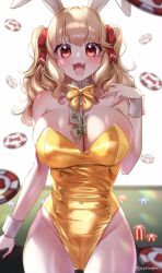  1girl :3 absurdres animal_ears banknote between_breasts blonde_hair blurry bow bowtie breasts cleavage commentary_request commission cowboy_shot depth_of_field detached_collar fang gold_bowtie gold_leotard highres indie_virtual_youtuber komorebi_wanko large_breasts leotard looking_at_viewer money playboy_bunny poker_chip rabbit_ears red_eyes simple_background skeb_commission smile solo strapless strapless_leotard twintails virtual_youtuber white_background wrist_cuffs yayoi_maka 