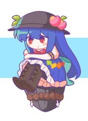  1girl antinomy_of_common_flowers black_headwear blue_background blue_hair boots bow bowtie commentary_request cross-laced_footwear full_body hinanawi_tenshi keystone korean_commentary leaf long_hair peach_hat_ornament rbfnrbf_(mandarin) red_bow red_bowtie red_eyes short_sleeves sidelocks sitting solo touhou 