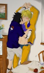  2boys against_wall artist_request blouse blue_shirt boxers clothes_lift facial_mark frown hand_under_clothes holding_another&#039;s_wrist indoors knees licking licking_another&#039;s_neck male_focus male_underwear multiple_boys naruto naruto_(series) nipple_slip nipples orange_pants pants rape restrained shirt shirt_lift spiked_hair spill standing tongue uchiha_sasuke underwear undressing uzumaki_naruto whisker_markings yaoi  rating:Questionable score:40 user:danbooru