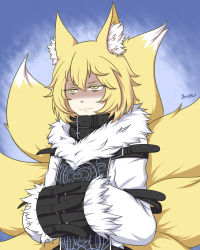  1girl animal_ear_fluff animal_ears blonde_hair blue_background closed_mouth commentary commission english_commentary fox_ears fox_tail fur_trim hands_in_opposite_sleeves highres kitsune koumajou_densetsu koumajou_densetsu_2 multiple_tails paran01d shaded_face short_hair signature solo tabard tail touhou yakumo_ran yellow_eyes 
