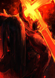  1boy absurdres black_background black_hair blood_vessels cinders cross dark_skin extra_arms fire flaming_weapon glowing glowing_eyes highres holding holding_weapon library_of_ruina long_hair looking_at_viewer project_moon red_eyes soshi_(ihsos) the_vermillion_cross very_dark_skin weapon zombie  rating:Sensitive score:3 user:danbooru