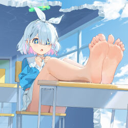  1girl arona_(blue_archive) bare_legs barefoot blue_archive blue_eyes blue_hair blue_sky feet feet_on_table foot_focus hair_ribbon halo highres kass_(2307603199) open_mouth ribbon school_uniform short_hair sky soles solo toes  rating:Sensitive score:62 user:danbooru