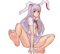 1girl animal_ears bare_legs barefoot breasts covered_erect_nipples dress_shirt feet female_focus foot_focus foreshortening kuro_suto_sukii necktie no_bra open_clothes open_shirt pink_hair rabbit_ears red_eyes red_necktie reisen_udongein_inaba shirt sitting skirt small_breasts soles solo tears toe_scrunch toes touhou water rating:Questionable score:43 user:danbooru