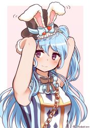  1girl absurdres animal_ears armpits bang_dream! bare_shoulders blue_bow blue_hair bow breasts brown_bow brown_hat chain closed_mouth commentary_request earrings fake_animal_ears hat heart heart_earrings highres jewelry long_hair matsubara_kanon medium_breasts mini_hat mini_top_hat motion_lines pink_background purple_eyes rabbit_ears sleeveless smile solo top_hat twitter_username two-tone_background upper_body very_long_hair white_background yuya090602 