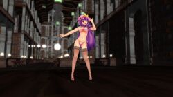  1girl 3d animated audible_music blush bouncing_breasts bra breasts brown_thighhighs crescent crescent_hat_ornament dancing hat hat_ornament indoors large_breasts lingerie long_hair modesto music navel nipples panties patchouli_knowledge pink_bra pink_panties purple_eyes purple_hair singing solo sound tagme thighhighs touhou underwear video 