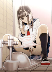  1girl absurdres bar_censor brown_eyes brown_hair cellphone censored female_pubic_hair highres loli original panties panty_pull peeing phone pubic_hair pussy school_uniform secret_dmain shoes smartphone solo spread_pussy squat_toilet squatting toilet_use underwear uwabaki 
