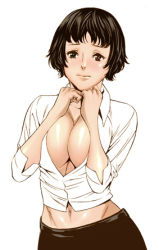  1girl black_hair breasts breasts_squeezed_together brown_eyes capcom cleavage devil_may_cry devil_may_cry_(series) devil_may_cry_3 dress_shirt female_focus hori_(pixiv2965616) lady_(devil_may_cry) large_breasts lowres midriff shirt short_hair simple_background solo white_background white_shirt 