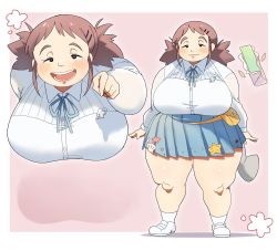  1girl absurdres breasts brown_hair character_sheet dasan242 fat half-closed_eyes highres huge_breasts miniskirt shirt shoes short_twintails skirt smile thick_thighs thighs third-party_edit twintails  rating:Sensitive score:14 user:cropper-retoucher