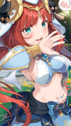 1girl aqua_eyes arabian_clothes artist_name blush breasts covering_own_mouth covering_privates crumbs embarrassed genshin_impact horns kitahara_tomoe_(kitahara_koubou) large_breasts long_hair looking_at_viewer low_twintails nilou_(genshin_impact) open_mouth red_hair skirt smile solo spoken_blush sweatdrop twintails very_long_hair 