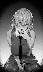  1boy 1girl :d bar_censor bare_shoulders breasts censored covered_erect_nipples cum dress erection fate/grand_order fate_(series) greyscale hair_over_one_eye hetero highres hxd large_breasts looking_at_viewer mash_kyrielight monochrome necktie open_mouth pantyhose penis pov short_hair sitting sitting_on_person sleeveless sleeveless_dress smile sweat teeth thighband_pantyhose tongue tongue_out  rating:Explicit score:108 user:danbooru