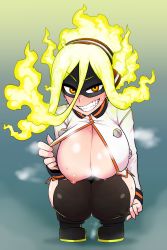  1girl black_thighhighs blush boku_no_hero_academia breasts breasts_on_lap burnin_(boku_no_hero_academia) claws cleavage clenched_hands clenched_teeth fangs fiery_hair flashing full_body green_hair grin hair_between_eyes hairband highres kamiji_moe large_breasts looking_at_viewer mask nipples no_bra one_breast_out sidelocks simple_background smile solo squatting teeth tenk thick_thighs thighhighs thighs two-tone_hairband yellow_eyes  rating:Questionable score:139 user:Vardigiil