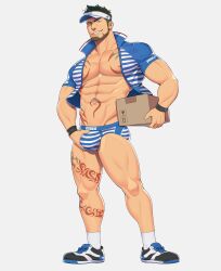  1boy absurdres bara beard_stubble biceps black_hair box bulge collared_shirt crop_top crotch_grab facial_hair full-body_tattoo geckobara hat highres looking_at_viewer male_focus male_swimwear manly mature_male muscular muscular_male open_clothes open_shirt priapus priapus_a._tarou shirt shoes short_hair simple_background smirk socks solo spiked_hair stubble swim_briefs tattoo teeth thick_arms thick_eyebrows thick_thighs thighs visor_cap white_background wristband 