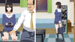 1boy 1girl age_difference bag balding bed bedroom black_eyes black_hair breasts censored coffee_table collared_shirt controller cottage curtains eye_contact facing_viewer fat fat_man full_body game_controller gamepad glasses green_curtains hand_on_another&#039;s_thigh censored hetero highres identity_censor katou_megumi looking_at_another looking_at_viewer looking_back mosaic_censoring night no_shoes on_floor panties panty_peek pleated_skirt poster_(object) saenai_heroine_no_sodatekata school_bag school_uniform sequential serafuku shirt short_hair sitting skirt socks standing table tagme underwear wariza white_shirt window yellow_neckwear rating:Questionable score:30 user:UltraPerv88