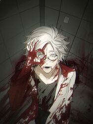  1boy alternate_eye_color black_pants blood blood_on_arm blood_on_clothes blood_on_ground blood_on_hands blood_on_wall chinese_commentary collarbone commentary_request glasses highres kanou_aogu lab_coat looking_at_viewer lower_teeth_only male_focus ok_sign ok_sign_over_eye open_clothes open_mouth pants rectangular_eyewear saibou_shinkyoku semi-rimless_eyewear short_hair smile solo teeth wei_qing white_eyes white_hair 