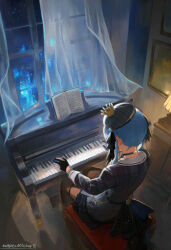  1girl absurdres artist_name back_bow beret black_gloves blue_bow blue_hair blue_skirt bow bracelet crown curtains gloves grey_hat grey_jacket hat highres hololive hoshimachi_suisei indoors instrument jacket jewelry lamp long_sleeves mini_crown miniskirt music night painting_(object) partially_fingerless_gloves piano plaid plaid_jacket playing_instrument playing_piano sheet_music sitting skirt sleeve_cuffs solo thigh_strap tomatoketchup96 virtual_youtuber 
