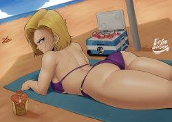  1girl absurdres android_18 ass bad_link beach beach_towel beach_umbrella bikini blonde_hair blue_eyes blue_sky capsule_corp commentary crab day dragon_ball dragonball_z echo_saber english_commentary highres legs_together looking_at_viewer looking_back lotion lying ocean on_stomach purple_bikini shadow short_hair sky solo sunscreen swimsuit towel umbrella  rating:Questionable score:173 user:danbooru