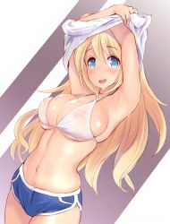 10s 1girl armpits arms_up atago_(kancolle) bad_id bad_twitter_id bikini bikini_top_only blonde_hair blue_eyes blush breasts cleavage covered_erect_nipples dolphin_shorts dutch_angle heart heart-shaped_pupils highres inactive_account kantai_collection large_breasts long_hair micro_shorts navel nipples open_mouth revision see-through shiny_skin shorts skindentation smile solo strap_gap sweat swimsuit symbol-shaped_pupils undressing wa_(genryusui) white_bikini rating:Questionable score:97 user:danbooru