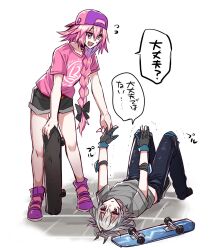  2boys androgynous astolfo_(candy_pink)_(fate) astolfo_(fate) backwards_hat baseball_cap black_bow black_footwear black_gloves black_shorts blue_pants bow braid choker collarbone crescent_choker denim elbow_pads fallen_down fang fate/apocrypha fate_(series) flying_sweatdrops gloves grey_hair grey_shirt hair_bow hair_intakes haoro hat helping highres jeans long_braid long_hair lying male_focus multicolored_hair multiple_boys on_back on_ground open_mouth pants parted_lips pink_choker pink_hair pink_nails pink_shirt purple_eyes purple_footwear purple_hat red_eyes shirt shoes short_hair short_shorts shorts sieg_(fate) simple_background single_braid skateboard skateboarding skin_fang sneakers speech_bubble streaked_hair t-shirt talking trap two-tone_hair white_background white_hair 