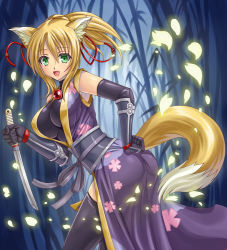  10s 1girl animal_ears black_thighhighs blonde_hair breasts dog_days elbow_gloves fox_ears fox_tail gloves green_eyes hobenkei large_breasts long_hair open_mouth petals ponytail short_sword solo sword tail thighhighs weapon yukikaze_panettone  rating:Sensitive score:38 user:danbooru