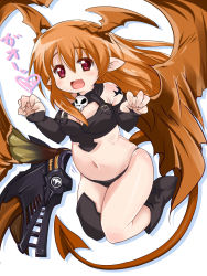  1girl bare_shoulders bikini breasts cleavage demon_girl elbow_gloves fang female_focus full_body gloves heart higasiya highres horns jumping long_hair lord_of_vermilion navel open_mouth orange_hair pointy_ears red_eyes single_wing smile solo demon_girl succubus_(lord_of_vermilion) swimsuit tail white_background wings 