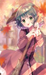  1girl animal_ears autumn_leaves blurry blurry_background blush broom commentary_request dappled_sunlight dog_ears dress green_eyes green_hair highres holding holding_broom kasodani_kyouko long_sleeves looking_at_viewer one-hour_drawing_challenge oudondk pink_dress short_hair solo sunlight tongue tongue_out touhou tree upper_body yamabiko 