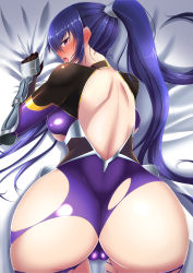  00s 1girl absurdres akiyama_rinko ass back backless_outfit bad_id bad_pixiv_id bent_over blue_hair blush bodysuit breasts cameltoe female_focus from_behind gloves hair_between_eyes highres huge_ass large_breasts lilith-soft long_hair looking_at_viewer looking_back nose_blush on_bed open_mouth pink_eyes ponytail purple_eyes shiny_clothes shiny_skin skin_tight skindentation solo taimanin_(series) taimanin_asagi taimanin_suit taimanin_yukikaze taka_no_tsume takanotsume tears tongue tongue_out torn_bodysuit torn_clothes very_long_hair 