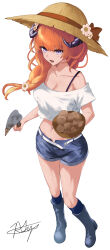 1girl :d alternate_costume arknights bagpipe_(arknights) bare_shoulders black_footwear blue_socks boots bra_strap breasts chaciooh cleavage commentary_request crop_top denim denim_shorts hat highres holding horns kneehighs long_hair looking_at_viewer midriff navel off-shoulder_shirt off_shoulder open_mouth orange_hair potato purple_eyes shirt short_shorts short_sleeves shorts smile socks solo standing stomach sun_hat very_long_hair white_shirt 