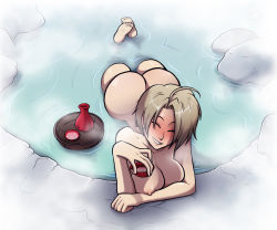  1girl absurdres ahoge alcohol antenna_hair ass blush breast_rest breasts brown_hair censored cleavage closed_eyes drink drunk feet female_focus fog food from_above highres hip_focus huge_ass kitsune konno_mitsune large_breasts looking_at_viewer love_hina nipples nude onsen outdoors partially_submerged sake short_hair smile solo sparrow_(jj2oxx) steam submerged teeth thighs toes water wet wide_hips  rating:Questionable score:90 user:EMGEE