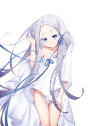  1girl absurdres blue_eyes blue_ribbon closed_mouth collarbone colored_eyelashes commentary_request dress floating_hair forehead grey_hair hair_ribbon hand_in_own_hair highres long_hair looking_at_viewer naked_poncho off_shoulder pandora_(re:zero) parted_bangs re:zero_kara_hajimeru_isekai_seikatsu ribbon ribbon-trimmed_clothes ribbon-trimmed_dress ribbon-trimmed_shirt ribbon_trim simple_background smile solo standing user_sxaf8777 very_long_hair white_background white_dress wind  rating:Sensitive score:26 user:danbooru