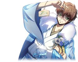 1boy arm_up artist_request blue_flower blue_haori brown_hair code_geass code_geass:_lost_stories collarbone cropped_torso dutch_angle ema flower fur_collar game_cg green_eyes hair_between_eyes hand_up haori haori_himo happy holding holding_flower japanese_clothes japanese_text kimono kururugi_suzaku looking_at_viewer male_focus non-web_source official_art shading_eyes short_hair sidelocks simple_background smile solo standing tassel teeth translation_request transparent_background upper_body white_flower white_kimono