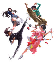  4girls absurdres action amputee ankle_socks ball_and_chain_(weapon) black_hair black_sweater blazer blue_jacket bracelet brown_eyes chocolate_(movie) crossover dead_sushi double_amputee floral_print flying_kick food gazelle_(kingsman) green_shirt grey_skirt highres hime_cut holding holding_nunchaku holding_weapon jacket japanese_clothes jewelry keiko_(dead_sushi) kicking kill_bill kimono kingsman:_the_secret_service kneehighs long_hair messy_hair multiple_girls no_socks nunchaku pink_kimono plaid plaid_skirt pleated_skirt prosthesis prosthetic_leg prosthetic_weapon school_uniform shirt short_hair shorts simple_background skirt smile socks sushi sweater twintails weapon white_background white_footwear white_legwear white_shirt wristband yellow_footwear yellow_shorts yuubari_gogo zack_(samuraigirl) zen_(chocolate) 