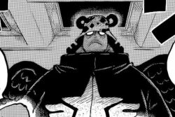 1boy aliasing alternate_hair_color black_wings closed_mouth expressionless from_below greyscale manga_page monochrome no_eyes oda_eiichirou official_art one_piece s-bear seraphim_(one_piece) solo wings