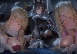  3girls :d absurdres ahoge anila_(granblue_fantasy) betabeet black_dress blonde_hair blunt_bangs breasts brown_hair cape chestnut_mouth cleavage closed_eyes draph dress fur-trimmed_cape fur_trim galleon_(granblue_fantasy) gloves granblue_fantasy highres horn_ornament horn_ribbon horns kumbhira_(granblue_fantasy) large_breasts light_blush looking_at_viewer lying multiple_girls on_stomach open_mouth parted_bangs pointy_ears ribbon seductive_smile sitting smile thick_eyebrows white_gloves yellow_eyes 