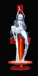  1girl absurdres angel_(evangelion) ayanami_rei black_background blackcat_enjia blue_hair bodysuit breasts chinese_commentary closed_mouth commentary cross crucifixion cuffs disembodied_hand english_commentary evangelion:_3.0+1.0_thrice_upon_a_time frown groin hair_between_eyes handcuffs highres holding_another&#039;s_leg impaled interface_headset light_blue_hair lilith_(evangelion) long_hair looking_at_viewer medium_breasts mixed-language_commentary neon_genesis_evangelion no_shoes pilot_suit plugsuit rebuild_of_evangelion red_eyes science_fiction shackles signature simple_background solo very_long_hair white_bodysuit  rating:Sensitive score:32 user:danbooru