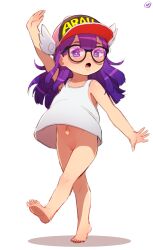  1girl arm_up barefoot black-framed_eyewear blush born-to-die bottomless character_name cleft_of_venus dr._slump female_focus full_body glasses highres loli long_hair looking_at_viewer navel norimaki_arale open_mouth purple_eyes purple_hair pussy simple_background soles solo standing standing_on_one_leg tank_top toes uncensored white_background white_tank_top  rating:Explicit score:182 user:danbooru