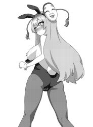  1girl animal_ears blush breasts commentary greyscale hata_no_kokoro highres large_breasts leotard long_hair looking_at_viewer looking_back mask mask_on_head monochrome nipples noh_mask onkn_sxkn pantyhose rabbit_ears simple_background solo touhou 